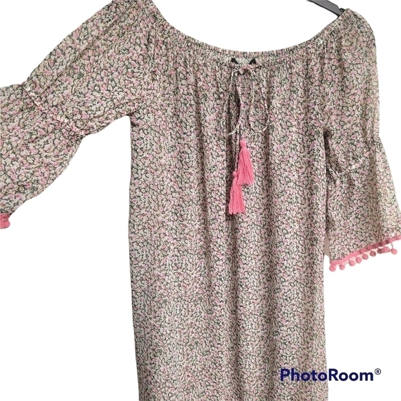 America & Beyond Sheer Floral Off Shoulder Boho Beach Cover Up Mini Dress Small - Picture 2 of 7